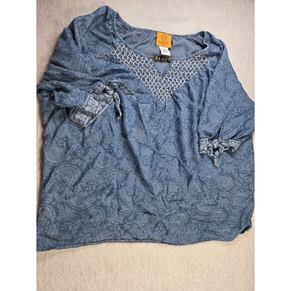 Ruby Rd Petite Large Blue Lyocell Floral Boho Peasant Top Smocked Neck Tassel...